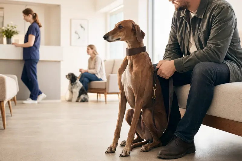 Ein Azawakh Hund sitzt entspannt neben seinem Besitzer im hellen Wartezimmer einer modernen Tierarztpraxis.